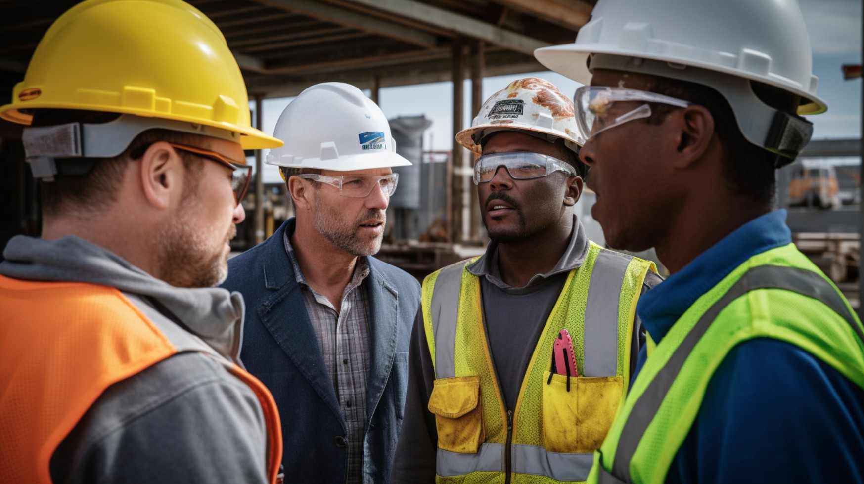 Four men in hard hats discussing plans at a construction site.