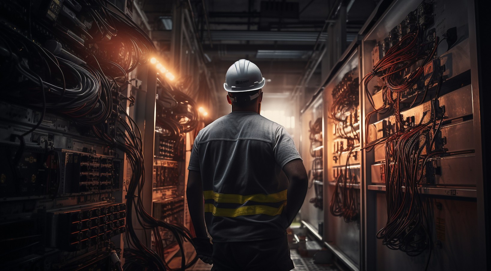 A man wearing a hard hat stands in a dimly lit room, ready to work.